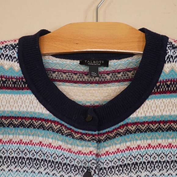Talbots Nordic Faire Isle Sweater Cardigan 1X Petite Lambswool Colorful Crewneck - Picture 4 of 6